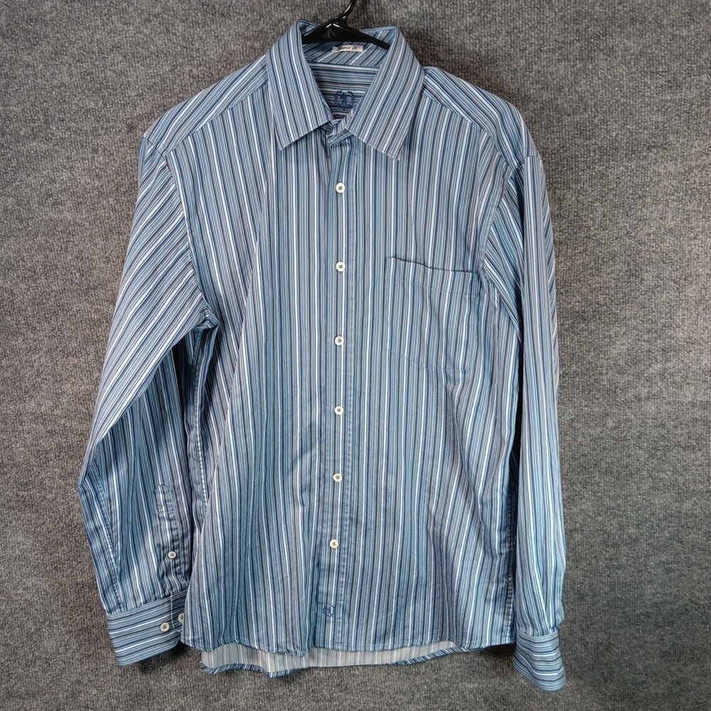 Bugatchi Uomo Shaped Fit Blue Striped Button Up Shirt Pocket Mens Large L